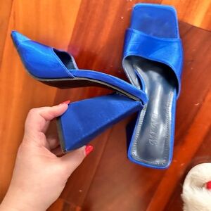 Blue Satin Triangle Attico style Devon, Chunky Heel Sandal